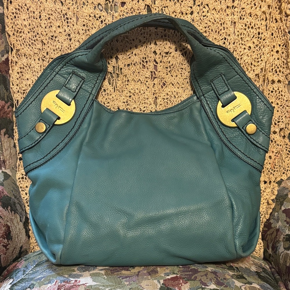 Fossil Fifty-Four Large Teal Leather Hobo Bag with Gold Accents